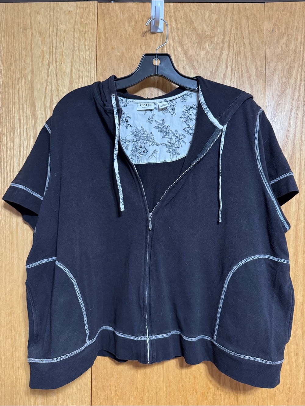 Cato Black Short Sleeve Zip Hoodie with Floral Lined Hood and Pockets